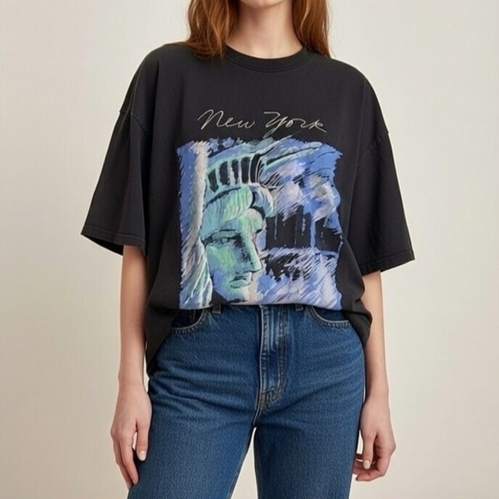 Vintage Aracon New York City Statue of Liberty Graphic Black T-Shirt Size XL